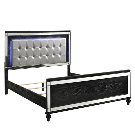 Lee Full Size Bed, LED, Tufted Faux Leather Upholstery, Textured Black By Casagear Home