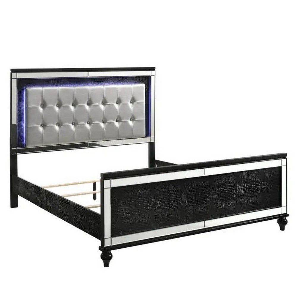 Lee Twin Size Bed, LED, Tufted Faux Leather Upholstery, Textured Black By Casagear Home