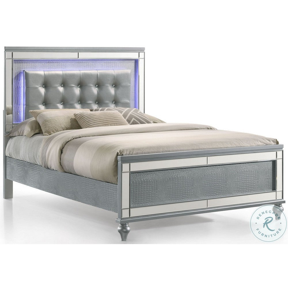 Lee Full Size Bed, LED, Tufted Faux Leather Upholstery, Textured Silver By Casagear Home