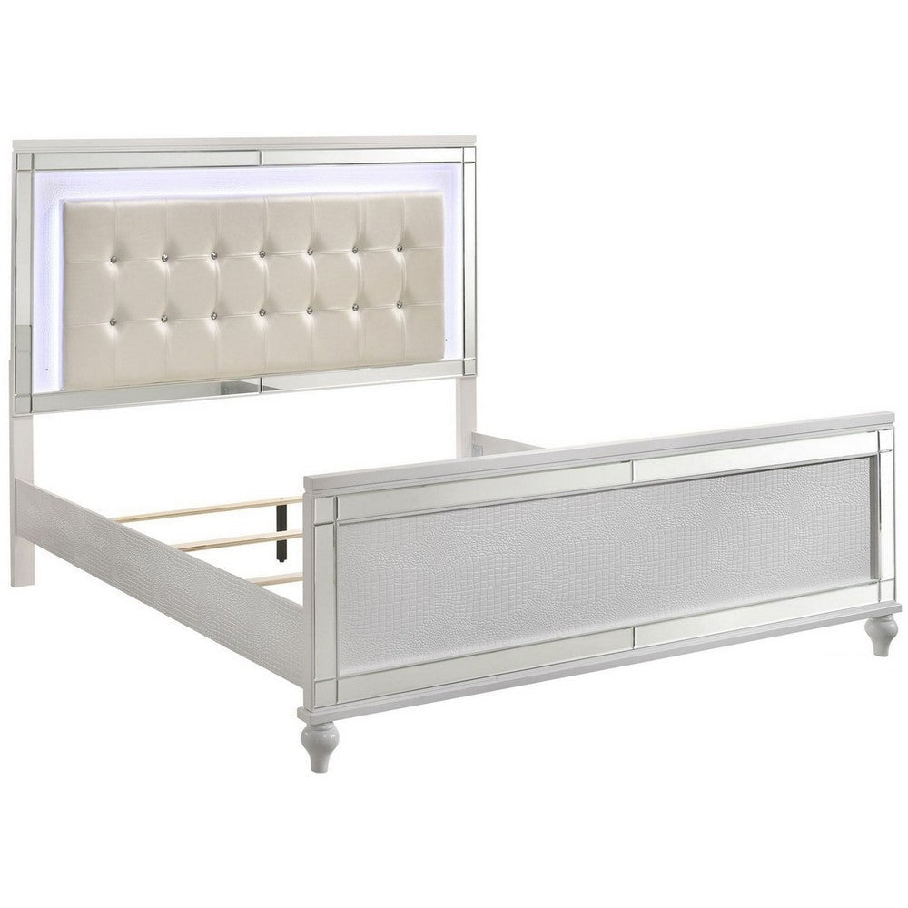 Lee King Size Bed LED Tufted Faux Leather Upholstery Textured White By Casagear Home BM308813