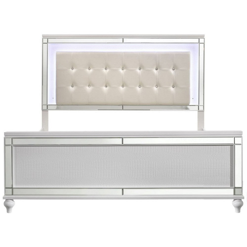 Lee King Size Bed LED Tufted Faux Leather Upholstery Textured White By Casagear Home BM308813