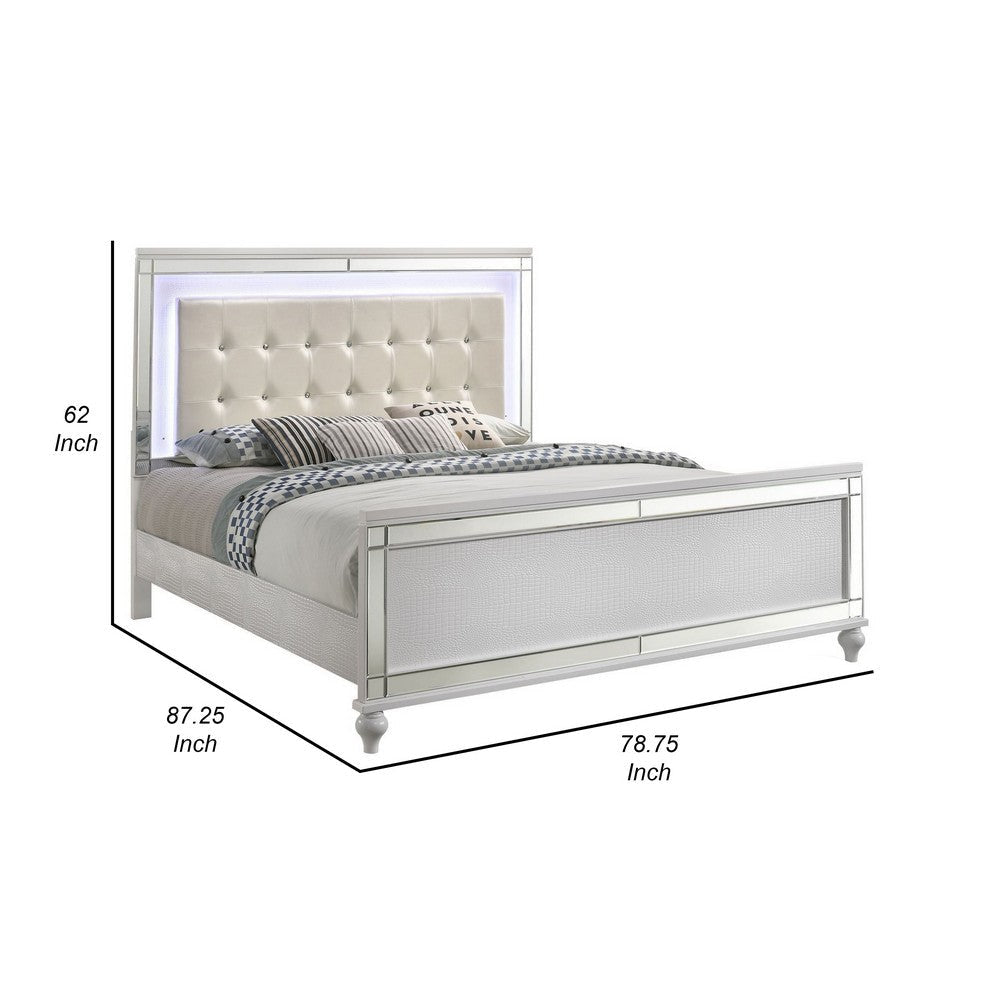 Lee King Size Bed LED Tufted Faux Leather Upholstery Textured White By Casagear Home BM308813