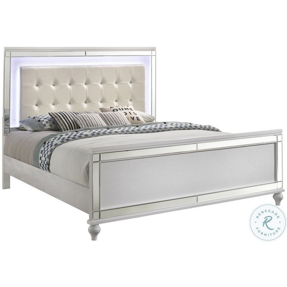 Lee King Size Bed, LED, Tufted Faux Leather Upholstery, Textured White By Casagear Home