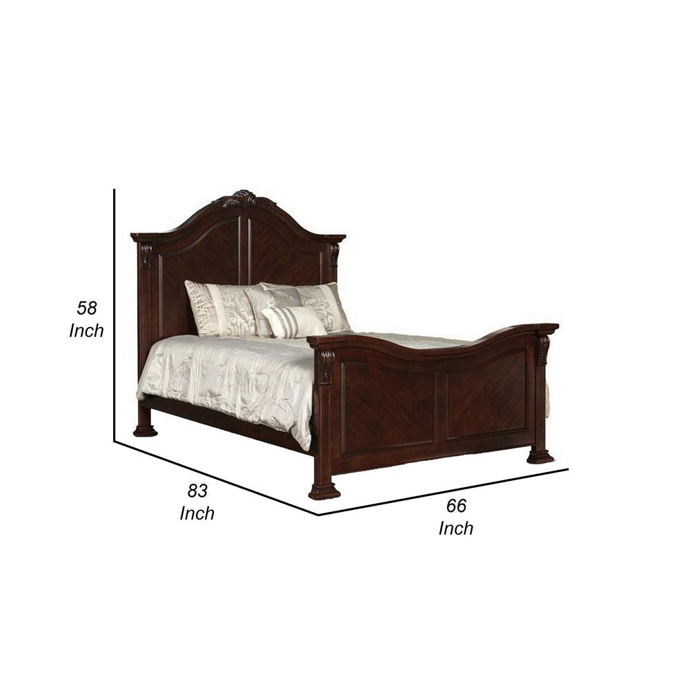 Eiel King Size Bed Curved Headboard Carved Crown Top Design Brown Wood By Casagear Home BM308833