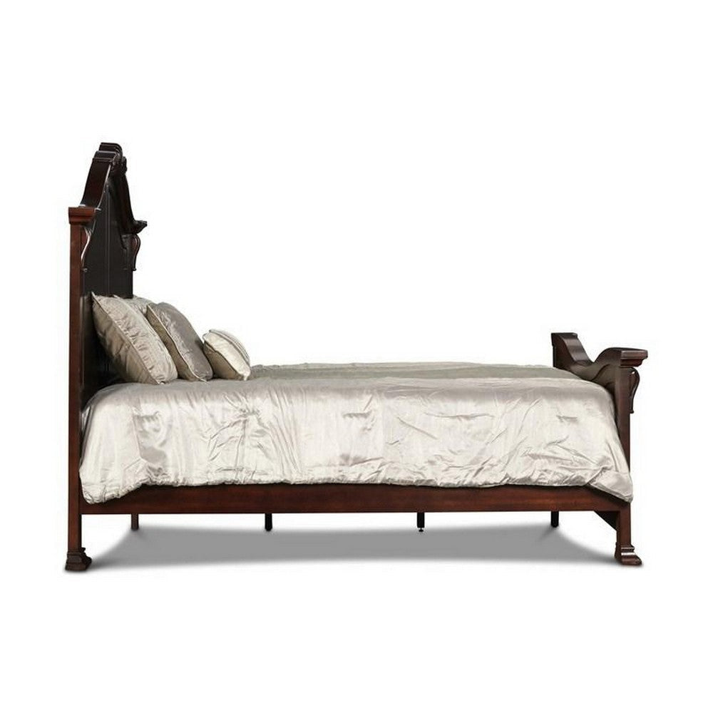 Eiel Queen Size Bed Curved Headboard Carved Crown Top Design Brown Wood By Casagear Home BM308834