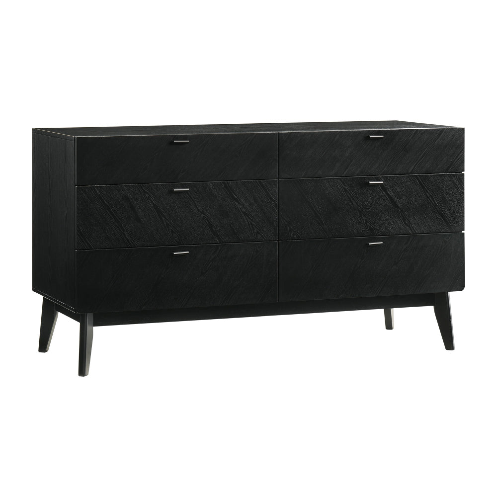 Saly 55 Inch Wide Dresser, 6 Drawer, Diagonal Wood Grain, Black Finish By Casagear Home