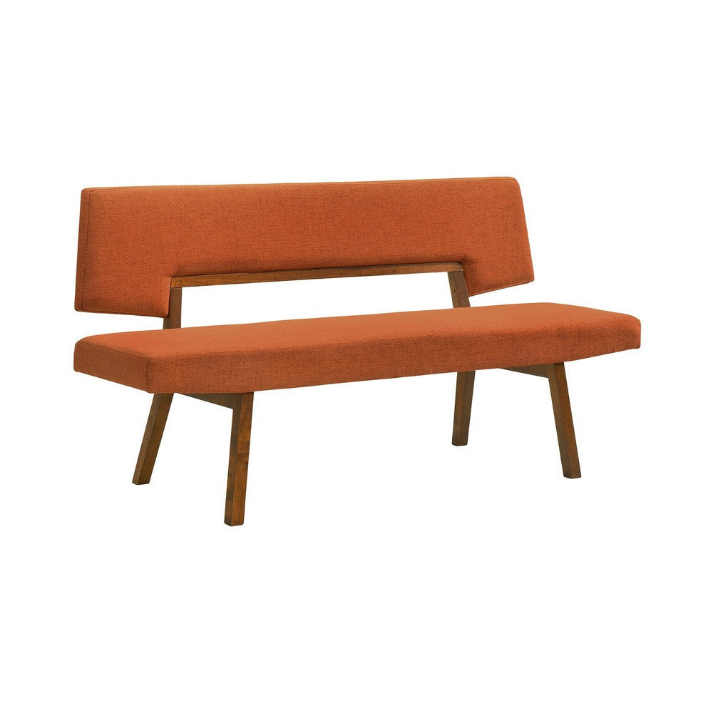 Yumi 63 Inch Dining Bench Seat and Back with Orange Fabric Walnut By Casagear Home BM308862