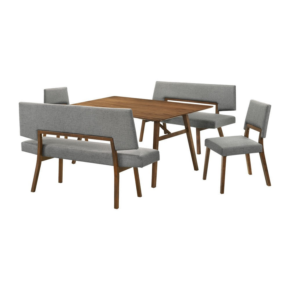 Yumi 5 Piece Dining Table Set, Chairs and Benches, Gray Fabric, Wood Brown By Casagear Home