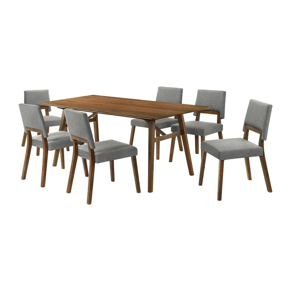 Yumi 7 Piece Dining Table Set, 6 Chairs in Charcoal Fabric, Wood Brown By Casagear Home