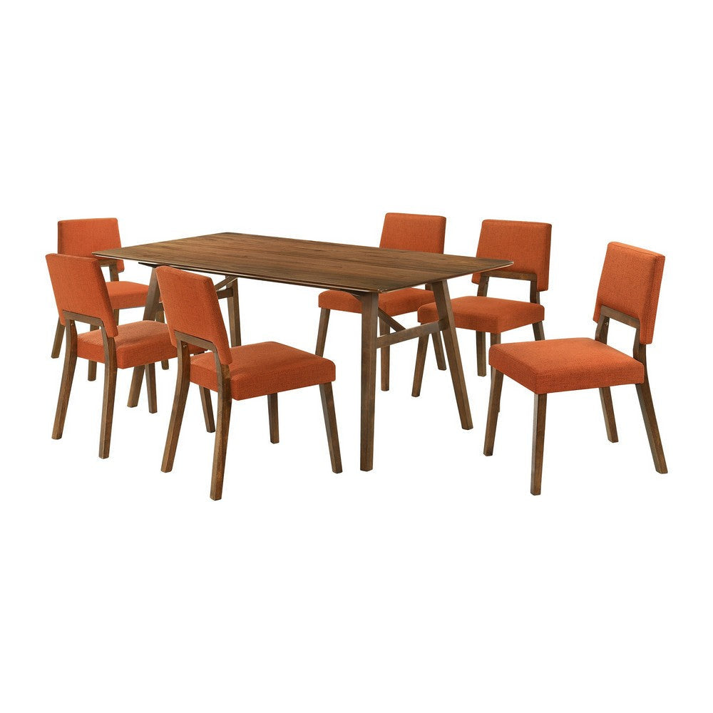 Yumi 7 Piece Dining Table Set with 6 Chairs, Orange Fabric, Wood Brown By Casagear Home