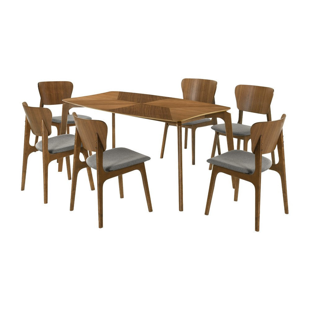 Kalie 7 Piece Dining Table Set with 6 Chairs, Charcoal Fabric, Walnut Brown By Casagear Home