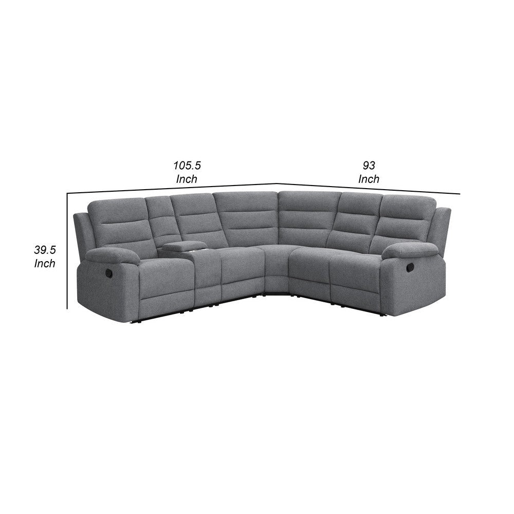 106 Inch 3 Piece Sectional Sofa Manual Recliner Dual AC/USB Smoke Gray By Casagear Home BM309158