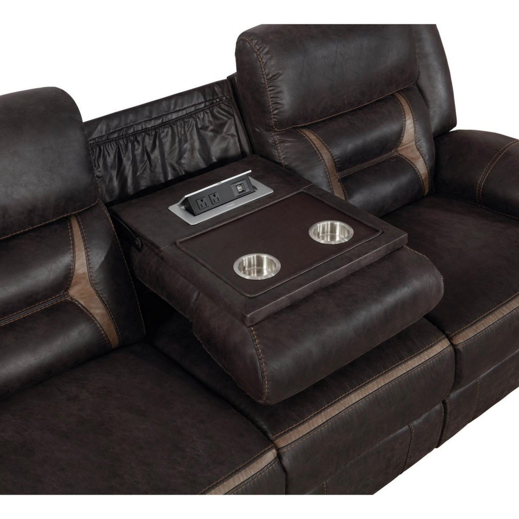 87 Inch Sofa Manual Motion Recliner 2 AC and 2 USB Brown Faux Leather By Casagear Home BM309159