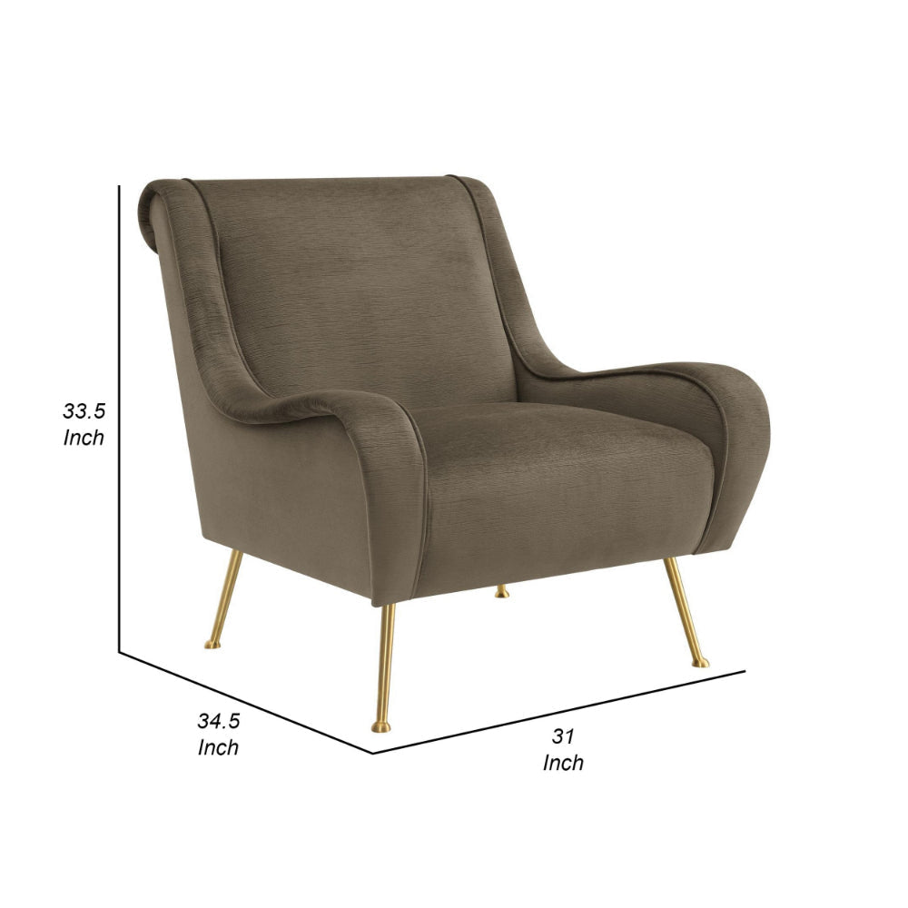 Rik 31 Inch Accent Armchair Metal Legs Velvet Truffle Brown and Gold By Casagear Home BM309162