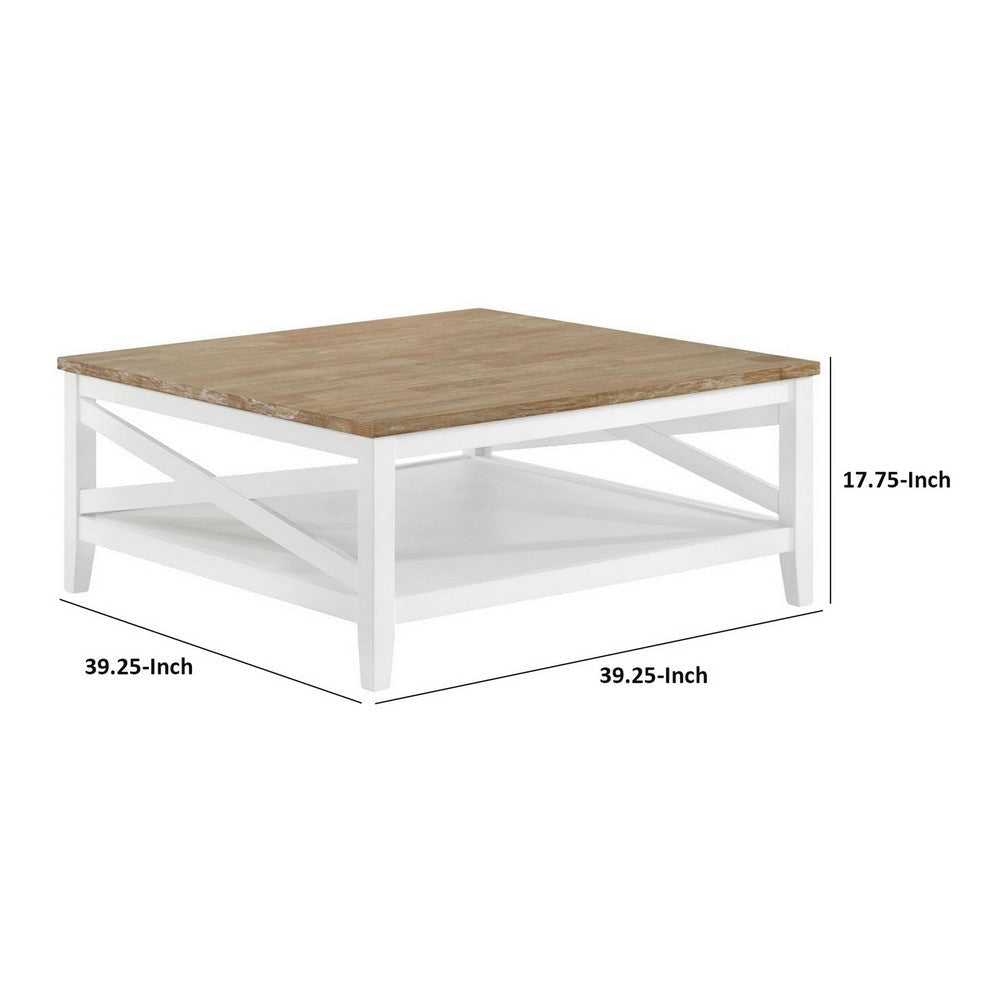 Maise 39 Inch Coffee Table Rustic Wire Brushed Wood Top Brown and White By Casagear Home BM309177