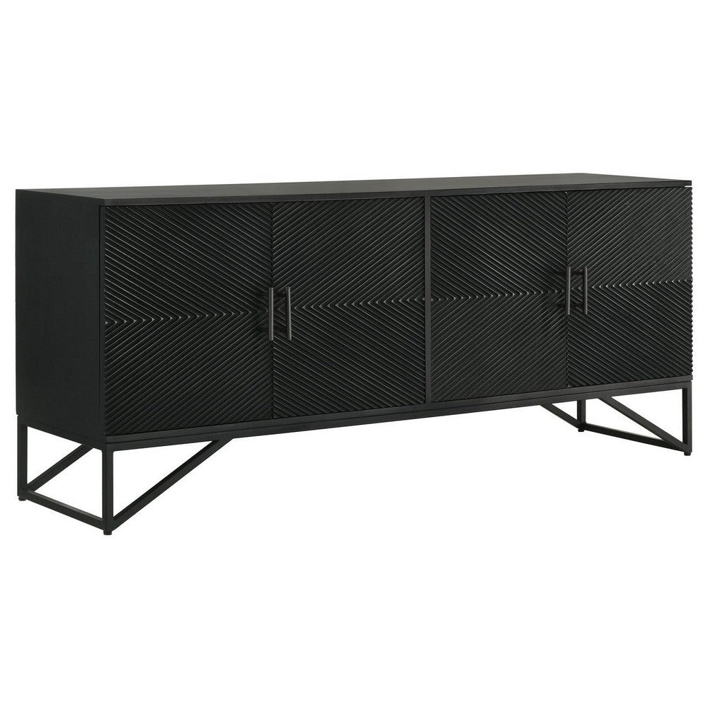 Riz 71 Inch Sideboard Cabinet Console, Black Mango Wood, Fluted Design By Casagear Home