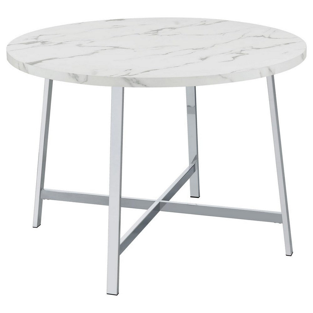 45 Inch Dining Table Faux Carrara Round Marble Top Chrome Metal Legs By Casagear Home BM309242