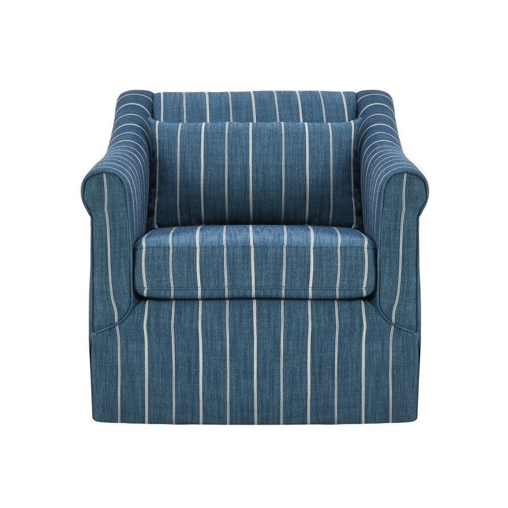 19 Inch Swivel Accent Chair Rolled Armrests Denim Blue and Beige Stripes By Casagear Home BM309279