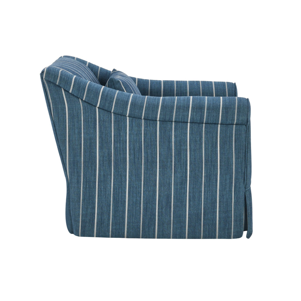 19 Inch Swivel Accent Chair Rolled Armrests Denim Blue and Beige Stripes By Casagear Home BM309279