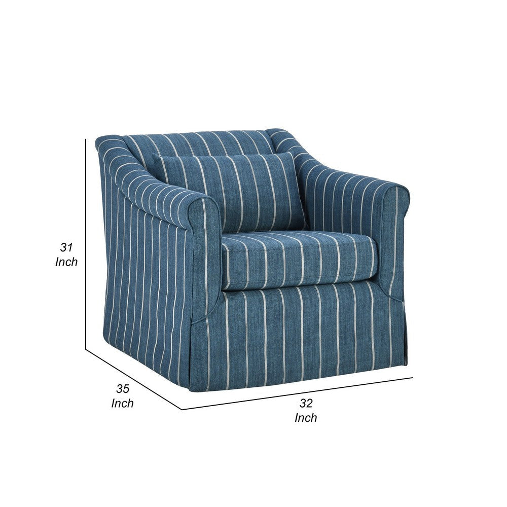 19 Inch Swivel Accent Chair Rolled Armrests Denim Blue and Beige Stripes By Casagear Home BM309279