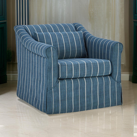 19 Inch Swivel Accent Chair, Rolled Armrests, Denim Blue and Beige Stripes By Casagear Home