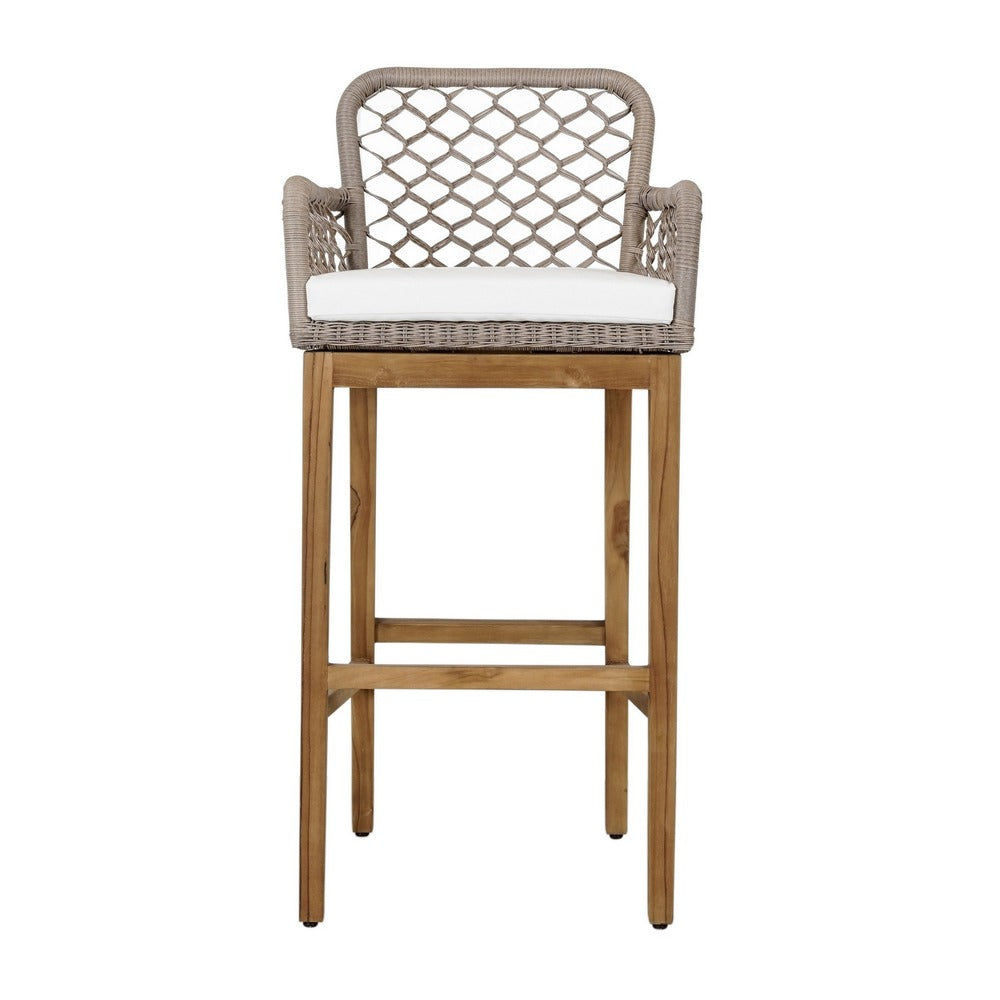 Aok 33 Inch Outdoor Barstool Chair Gray Woven Rope Curved Back Brown Teak By Casagear Home BM309283