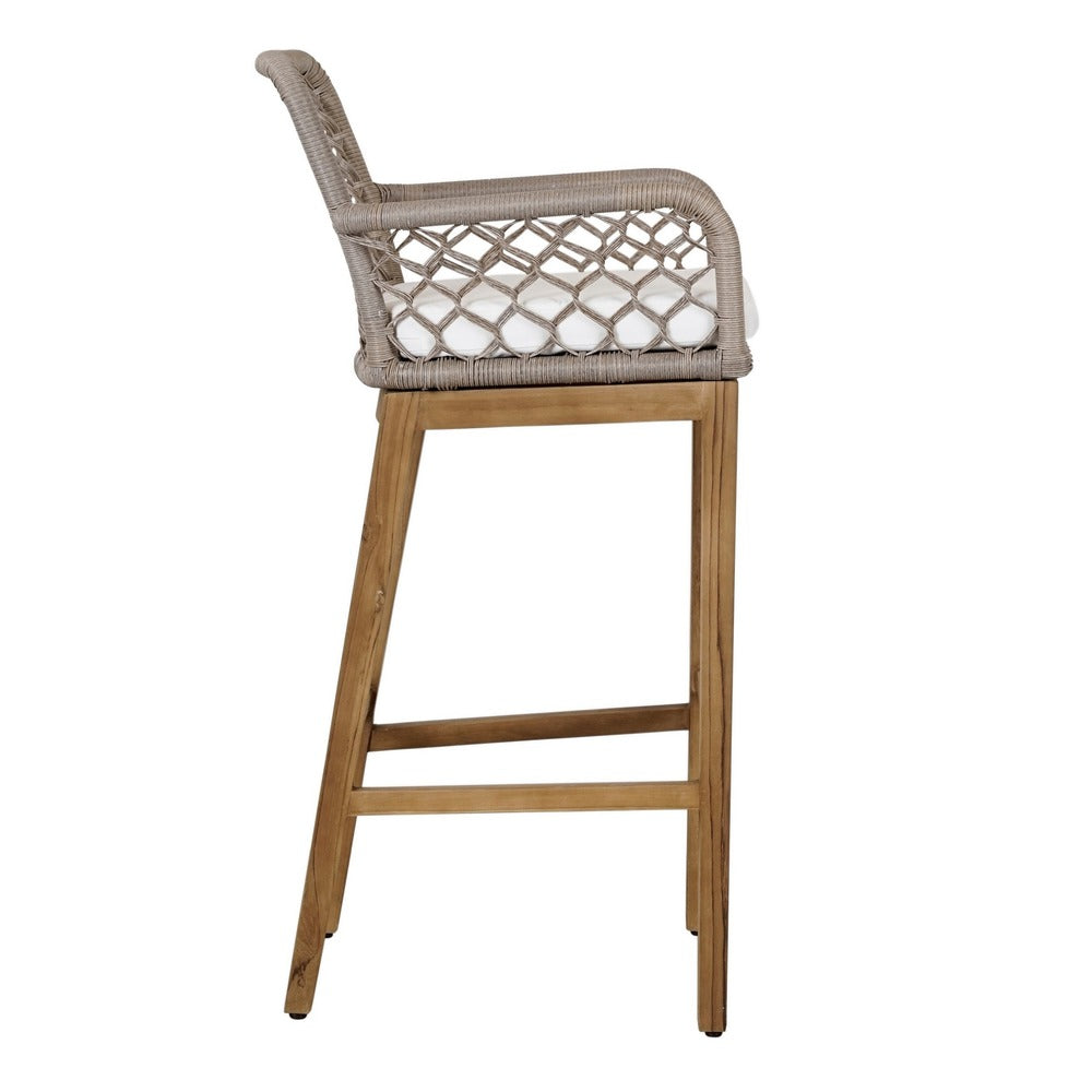 Aok 33 Inch Outdoor Barstool Chair Gray Woven Rope Curved Back Brown Teak By Casagear Home BM309283