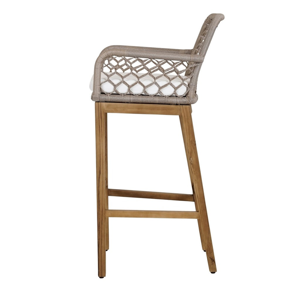 Aok 33 Inch Outdoor Barstool Chair Gray Woven Rope Curved Back Brown Teak By Casagear Home BM309283