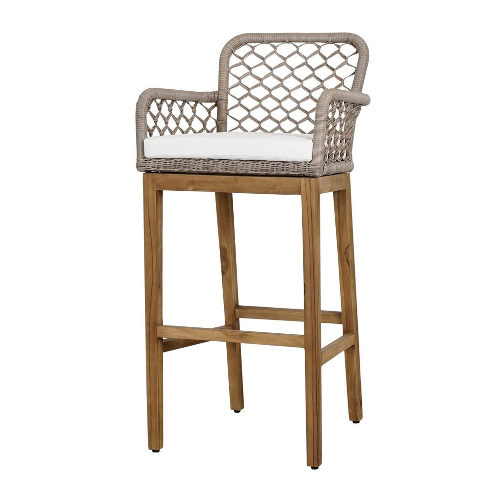 Aok 33 Inch Outdoor Barstool Chair Gray Woven Rope Curved Back Brown Teak By Casagear Home BM309283