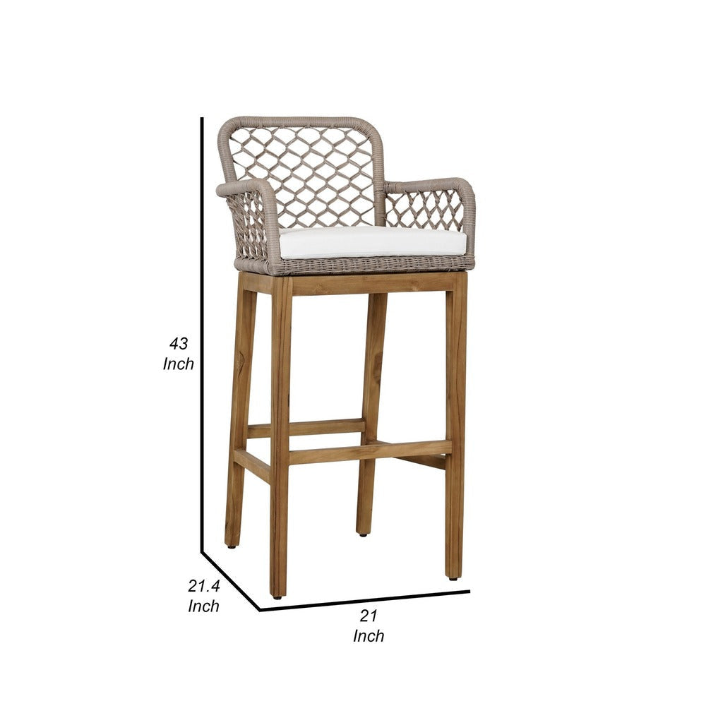 Aok 33 Inch Outdoor Barstool Chair Gray Woven Rope Curved Back Brown Teak By Casagear Home BM309283