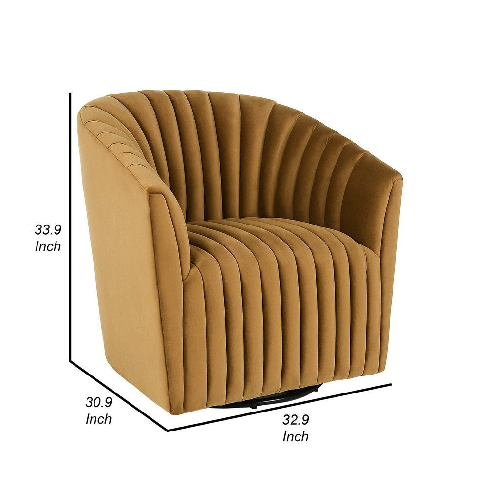 16 Inch Swivel Accent Chair Barrel Shape Channel Tufting Bronze Finish By Casagear Home BM309290