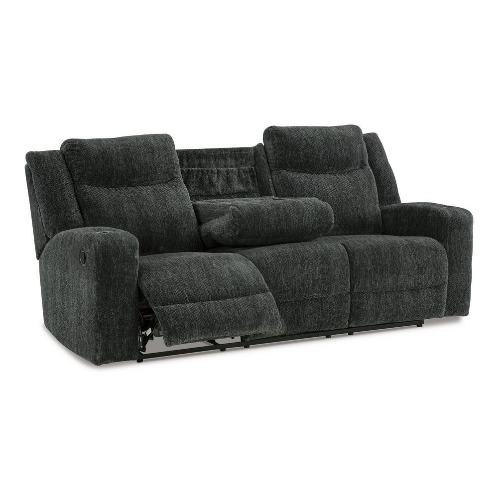 Kavi 87 Inch Manual Recliner Sofa Drop Down Table Soft Black Polyester By Casagear Home BM309322