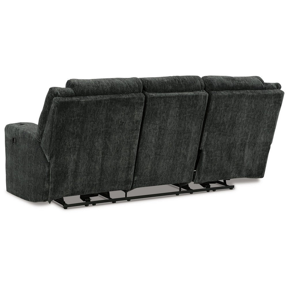 Kavi 87 Inch Manual Recliner Sofa Drop Down Table Soft Black Polyester By Casagear Home BM309322