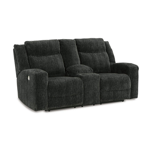 Kavi 76 Inch Power Recliner Loveseat, Drop Down Table, Black Polyester By Casagear Home