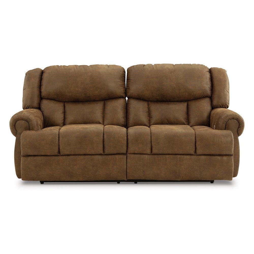 Avi 92 Inch Sofa Dual Seat Power Recliner Brown Faux Leather Upholstery By Casagear Home BM309326