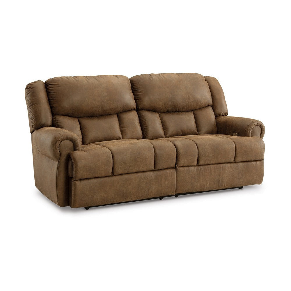 Avi 92 Inch Sofa, Dual Seat Power Recliner, Brown Faux Leather Upholstery By Casagear Home