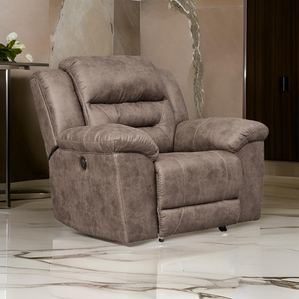 Aky 43 Inch Power Recliner Chair Rocker Cushioned Soft Taupe Faux Leather By Casagear Home BM309354