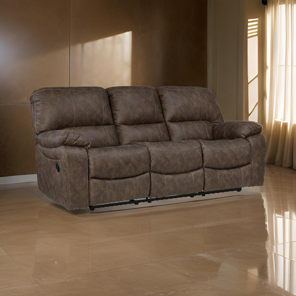 Fid 89 Inch Manual Recliner Sofa, Cushioned Seat, Brown Faux Leather By Casagear Home