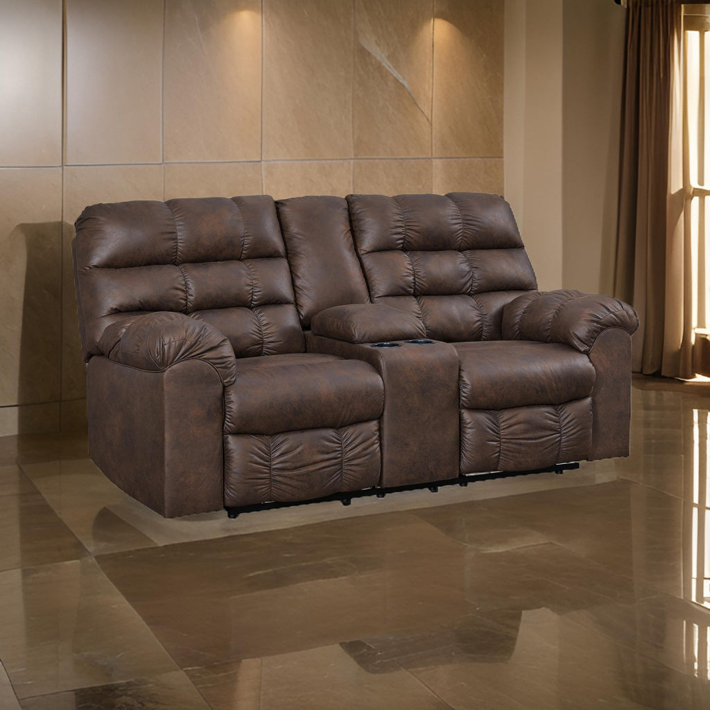 Cuf 79 Inch Double Reclining Loveseat With Console, Grid Tufting, Brown By Casagear Home