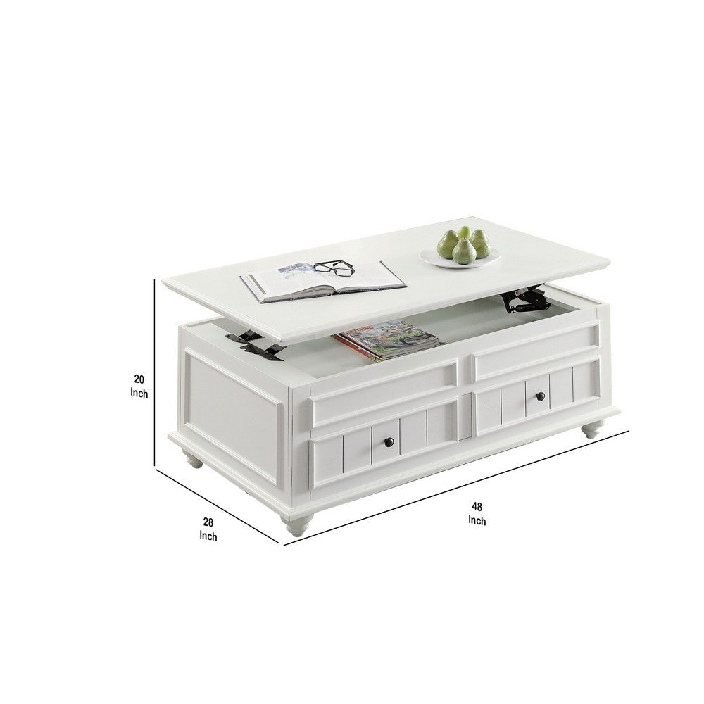 48 Inch Coffee Table Lift Top Function 2 Drawers White Poplar Wood By Casagear Home BM309379