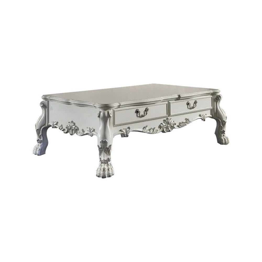 Ally 57 Inch Coffee Table Aspen Wood Classic Ornate Scrollwork White By Casagear Home BM309393