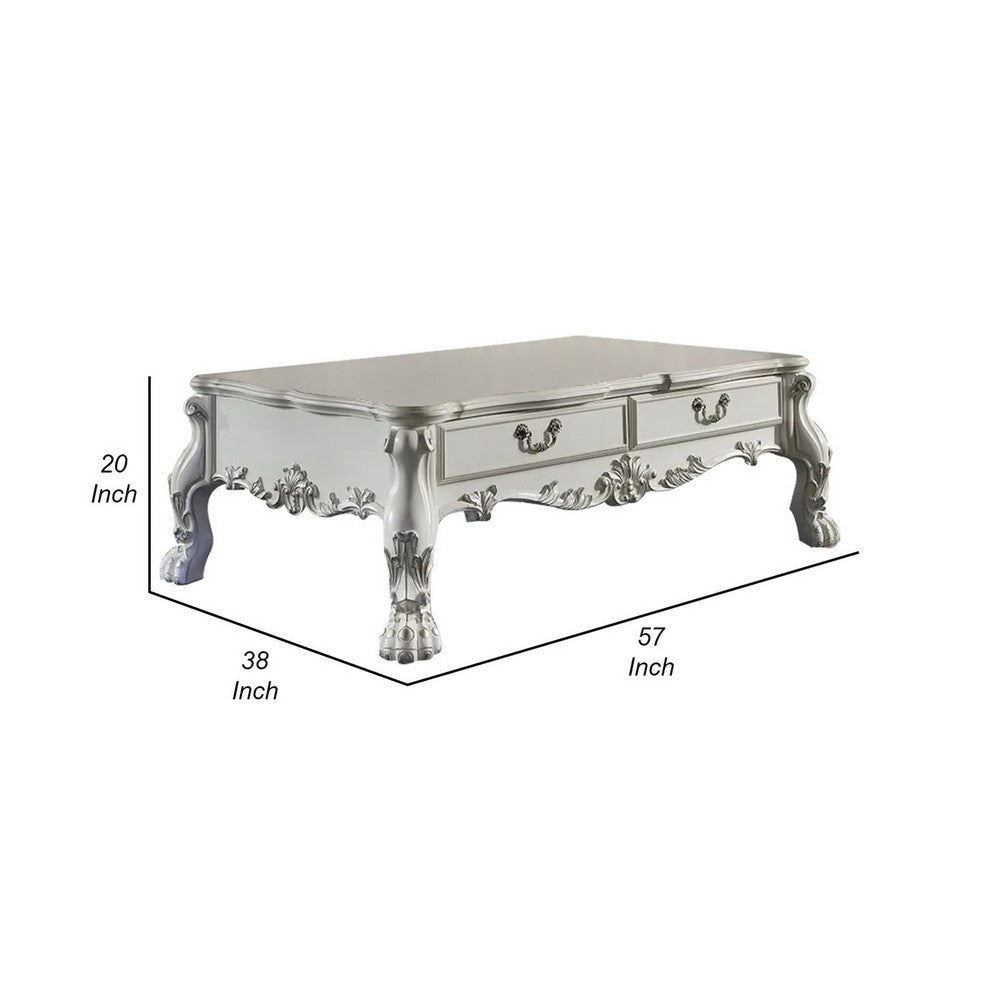 Ally 57 Inch Coffee Table Aspen Wood Classic Ornate Scrollwork White By Casagear Home BM309393