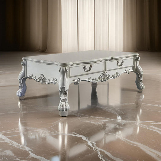 Ally 57 Inch Coffee Table Aspen Wood Classic Ornate Scrollwork White By Casagear Home BM309393