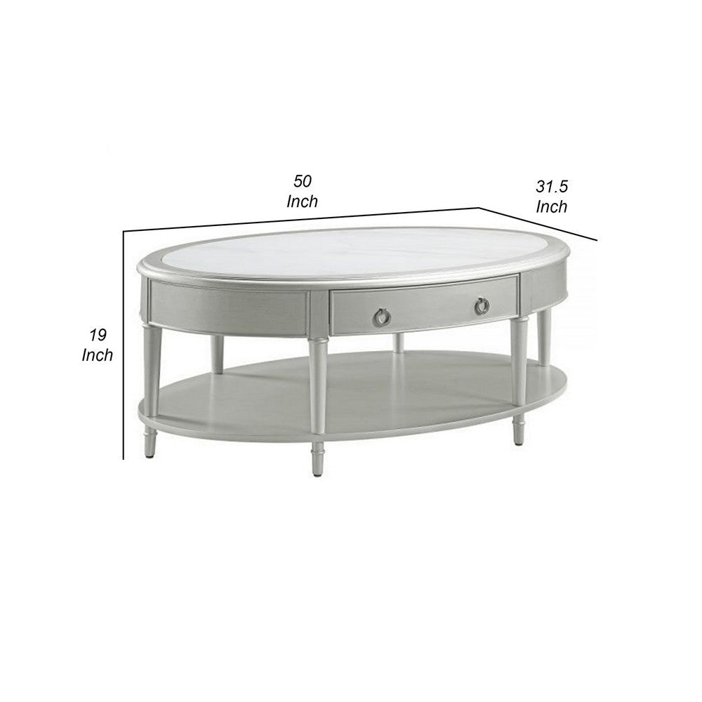 Kyna 50 Inch Coffee Table Sintered Top 1 Drawer Classic Oval Silver By Casagear Home BM309400