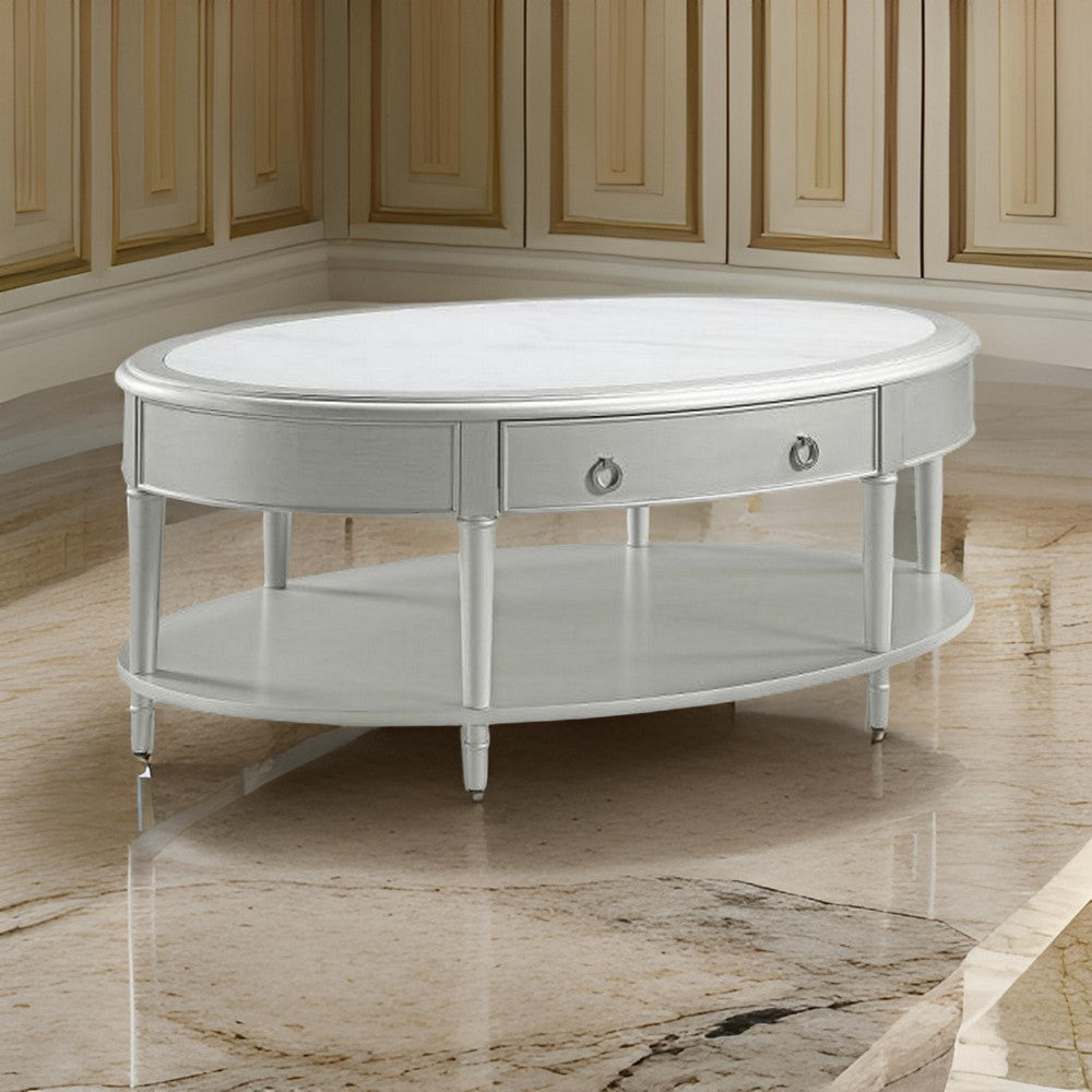 Kyna 50 Inch Coffee Table Sintered Top 1 Drawer Classic Oval Silver By Casagear Home BM309400