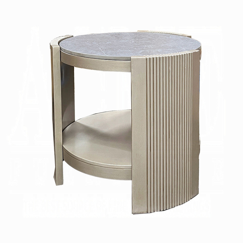 Kyna 26 Inch Side End Table Modern Sintered Top 1 Shelf Round Champagne Silver By Casagear Home BM309401