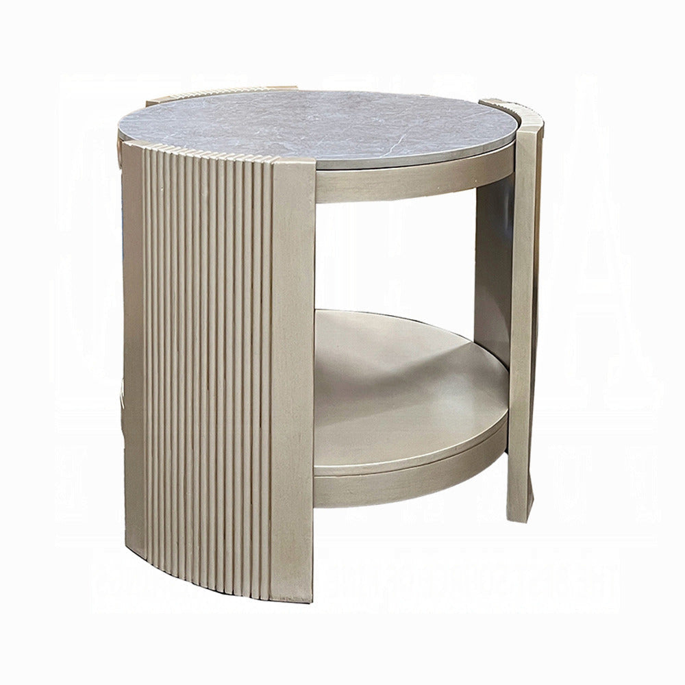 Kyna 26 Inch Side End Table Modern Sintered Top 1 Shelf Round Champagne Silver By Casagear Home BM309401