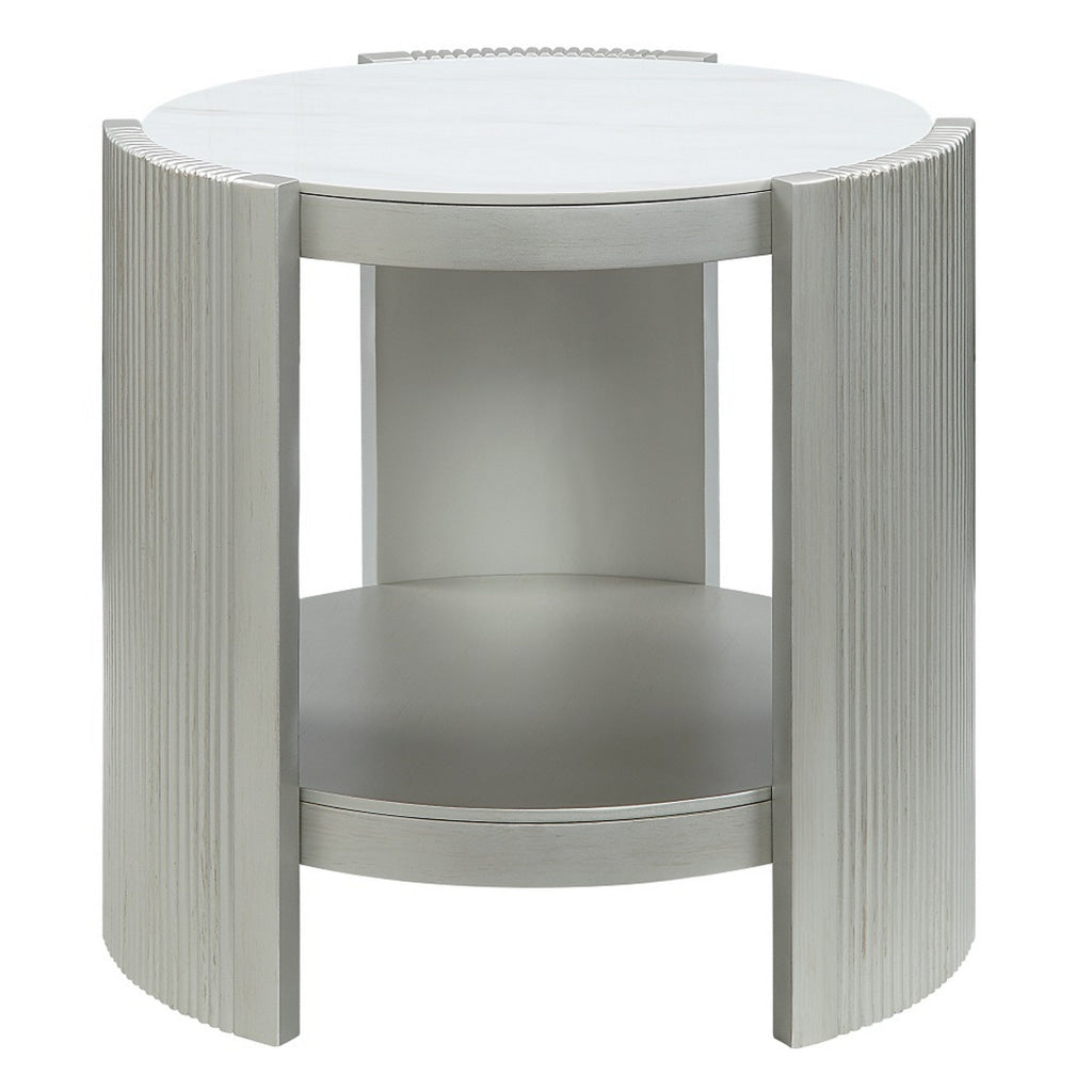 Kyna 26 Inch Side End Table, Modern Sintered Top, 1 Shelf, Round, Champagne Silver By Casagear Home