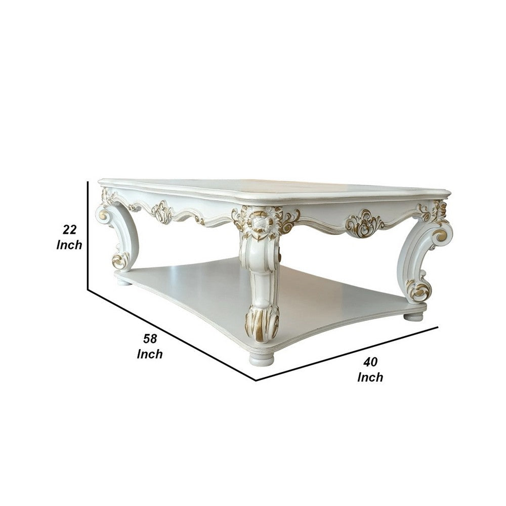 Jess 58 Inch Coffee Table Traditional Scrolled Legs White Brushed Gold By Casagear Home BM309420