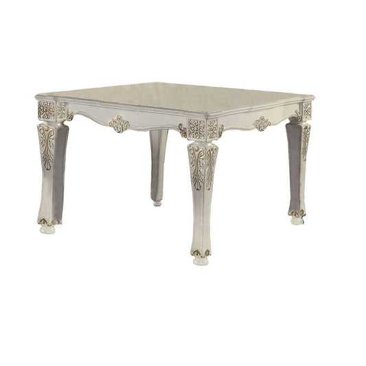 Jess 54 Inch Counter Table, 4 Seater, Classic White, Ornate Scroll Carvings By Casagear Home